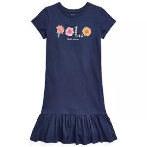 Polo Ralph Lauren Navy Dress with Floral Design Logo Ruffle Short Sleeve Cotton